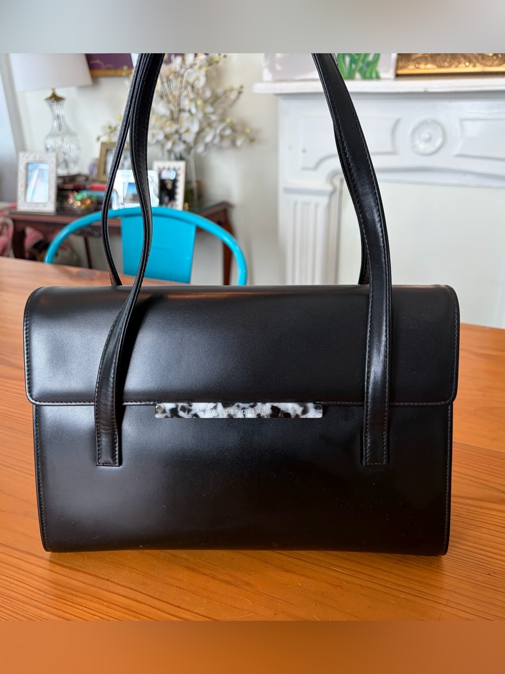 Valentino Black Leather Shoulder Bag with Marble Accent